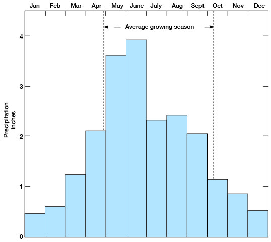 Lowest precipitation in Nov., Dec., Jan., and Feb at 1 inch or less; most in May and June at almost 4 inches.