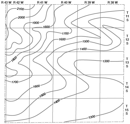 Deepest in northwest corner (2100 feet). Ranges to 1300 feet in southeast corner.