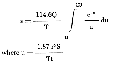 drawdown = 114.6 times discharge rate divided by transmissibility, all times the integral of the well function of u
