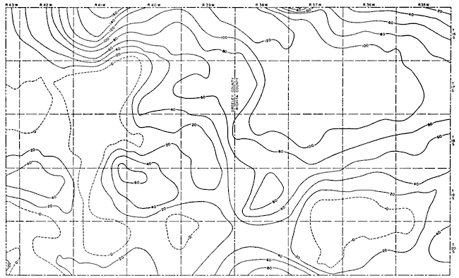 Thicknesses of 40 and 60 feet in Greeley separated by area of 0 thickness in center of county, up to 160 in far north; Zero thickness in southern Wichita rising to. 100 to north