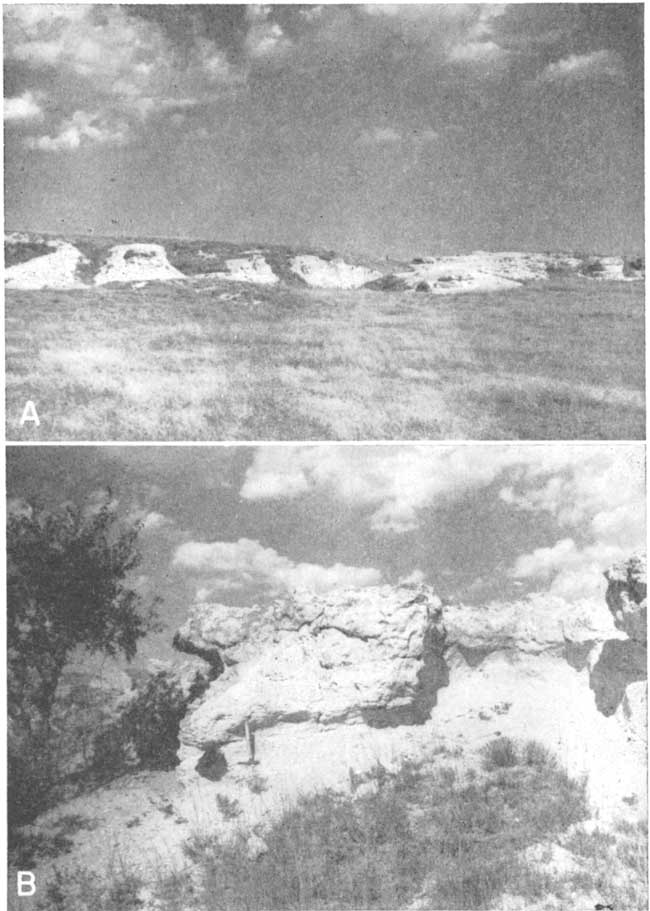 Top photo is of low, light-colored hills in background, grasslands in front; bottom photo is a light-clored outcrop, rock hammer for scale, lower bed looks more erodable than top.