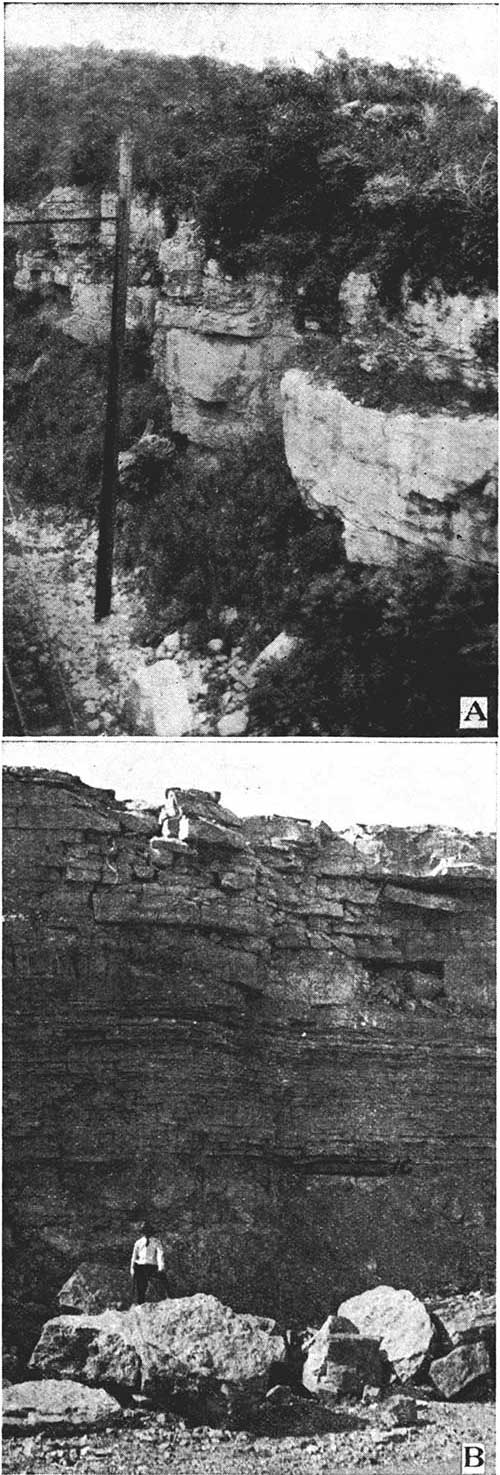 Black and white photos; top photo is of thick Westerville Ls next to railroad bed; lower photo is Argentine Ls, Island Creek Sh, and Farley Ls, with man for scale.