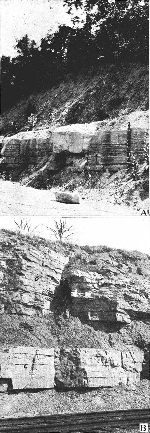 Black and white photos; top photo is of roadcut with massive Upper Farley, block fallen off; lower photo is Olathe LS over Eudora Shale over Captain Creek LS, next to railroad.