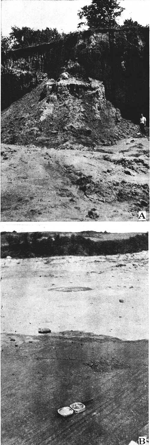 Black and white photos; top photo is of cliff of loess, several tens of feet high, with large fall in center of picture, man for scale; lower photo is of glacial striations in limestone, compass for scale.
