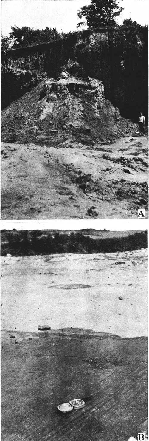 Black and white photos; top photo is of cliff of loess, several tens of feet high, with large fall in center of picture, man for scale; lower photo is of glacial striations in limestone, compass for scale.