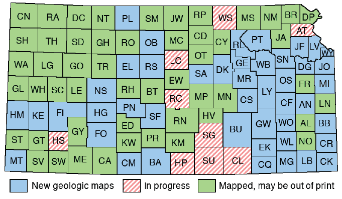 Map of Kansas showing county map status. Text links below.