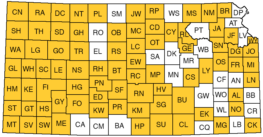 Map of Kansas showing counties placed online. Text links below.
