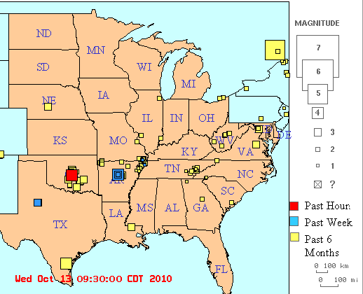 Map shows OKC quake as a red square in central US.