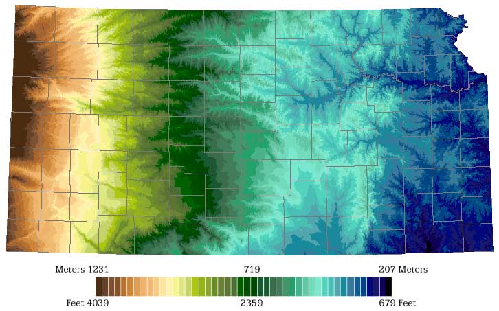 Shaded Relief Map of Kansas