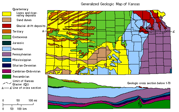 generalized geologic map, with cross section that follows (roughly) I-70