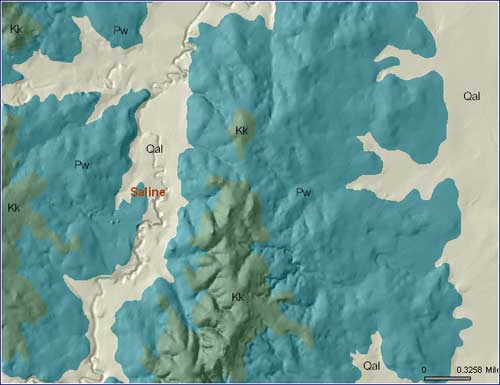 Geologic map with hillshading.