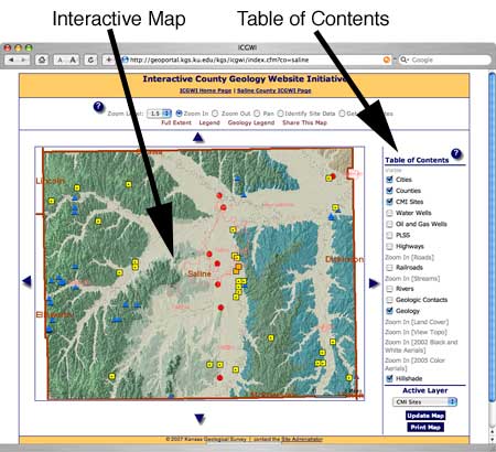 Interactive map has table of contents to control which layers are seen.