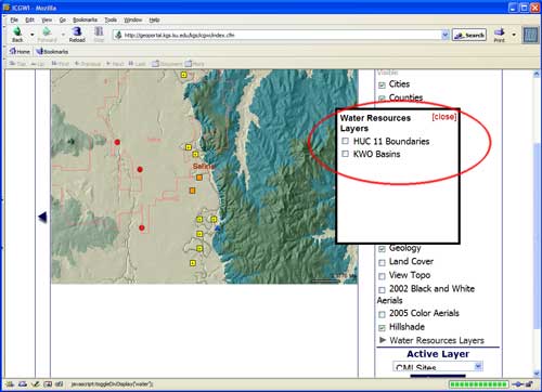 A list of layers is shown; user can choose which water layers to display.