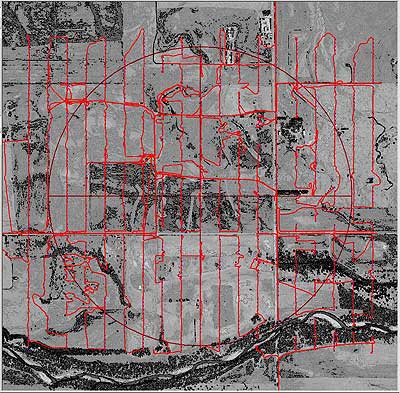 Black and white orthophoto overlain by red lines of GPS path