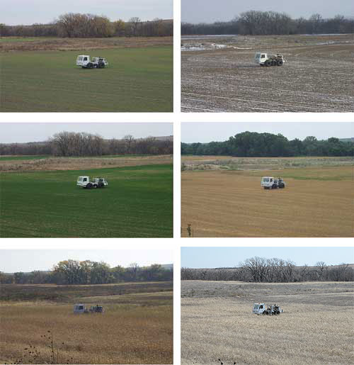 Six views of Vibroseis trruck in same field, taken at each survey.