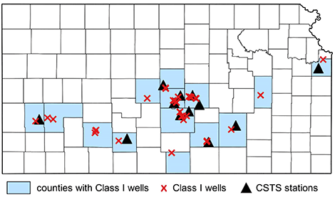 Map showing Class 1 locations (red X) and CSTS stations (black triangles).