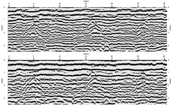 Two seismic profiles, non-deconvolved and deconvolved.