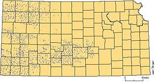small map of Kansas showing locations of measured wells.