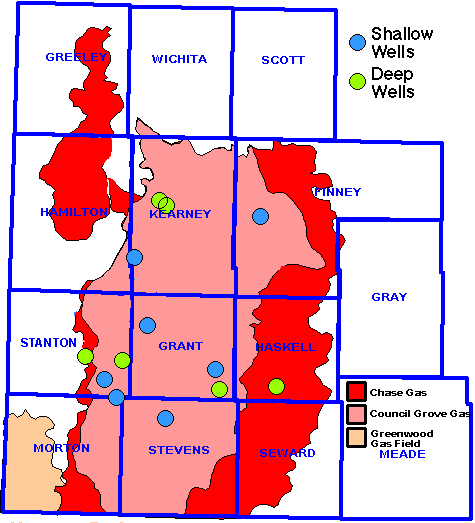 map of SW Kansas showing wells with type logs created. Text links below.