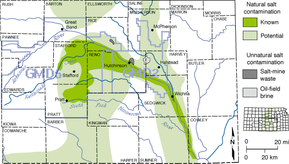 map showing natural salt contamination areas in Stafford, Pratt, Reno, Sedgwick, Sumner, and Cowley counties