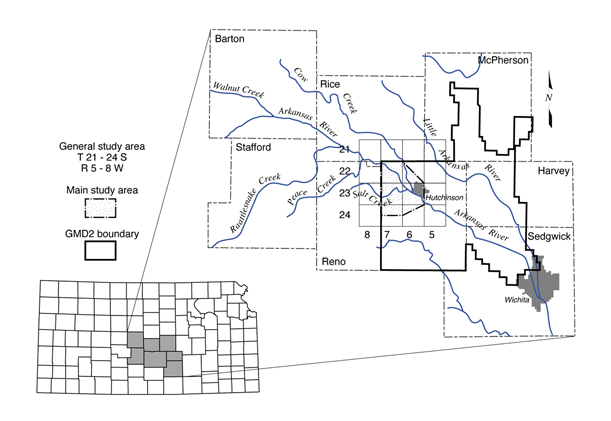 map of south-central Kansas showing counties of study and boundary of GMD2