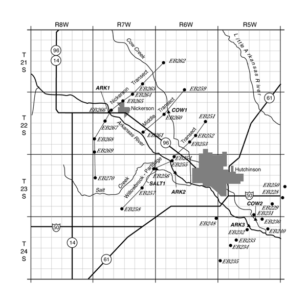 three transects are northwest of Hutchinson, several data points southeast