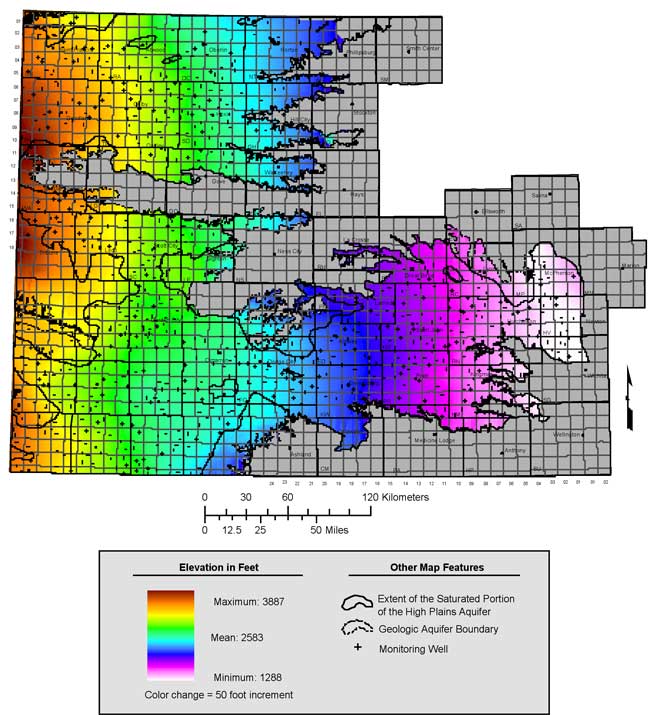 Colored contour map of the water table in western Kansas.  Max is 3887 in far western Kansas (Greeley, Wallace, Sherman); min is 1288 in Sedgwick and Harvey.