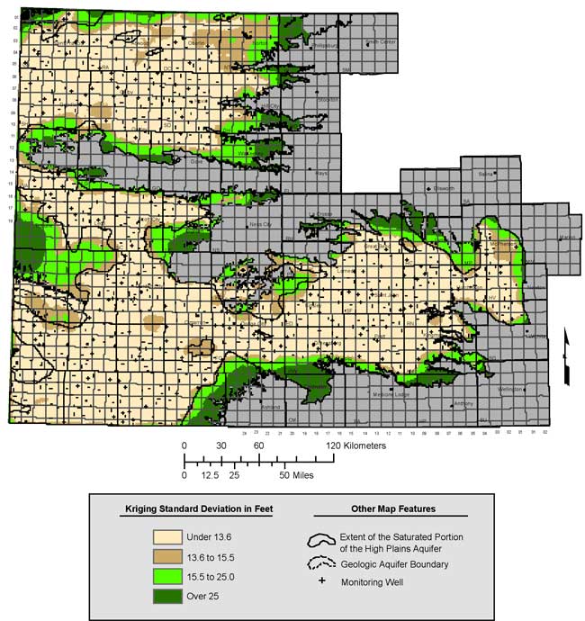 Std. Dev. is consistantly under 13.6 for much of area; rises on the edges and a few areas inside boundary where aquifer not saturated.