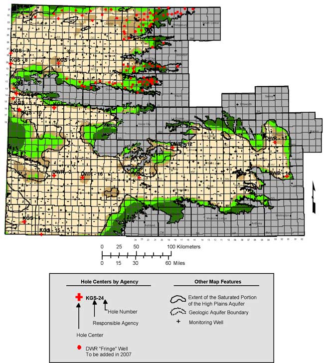 In northern half and far east, holes are around edges; in southwest, there are still holes withing center of aquifer.