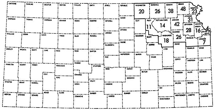 Map of Kansas showing percentage of sampled wells having more than 45 mg/l nitrate--only northeast Kansas studied.