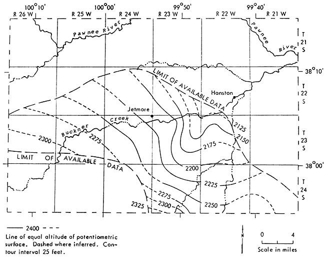 Dakota potentiometric surface rises from 2125 feet south of Hanston to 2300 feet west of Jetmore.