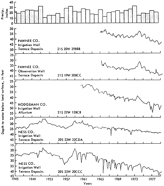 All 5 wells show general drop in water levels from 1959  on, with small rise after a wet year (1973).