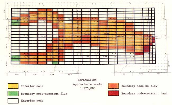 Study area split imnto rectangles for modeling; rectangles on edges may be no-flow, constant head, or constant flux.