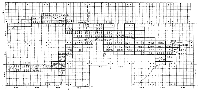 Each rectangle is the model is labeled with the groundewater appropriation for that block.