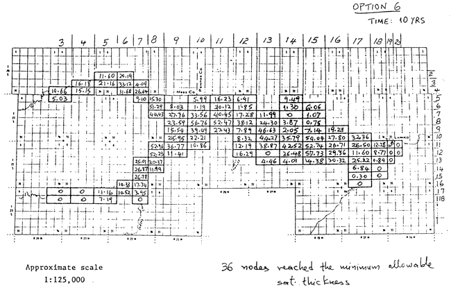 Map of study area with water-level decline values listed for each node.