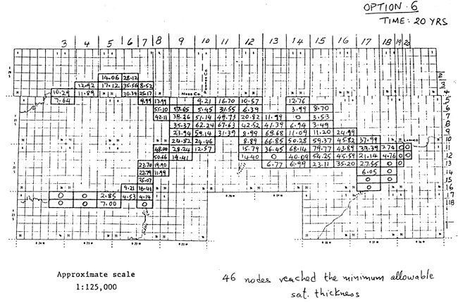 Map of study area with water-level decline values listed for each node.