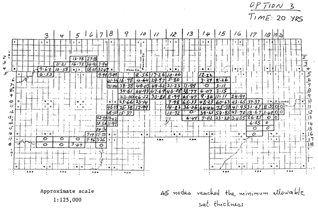 Map of study area with water-level decline values listed for each node.