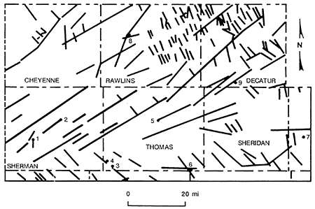 Lineaments and well locations in study area.