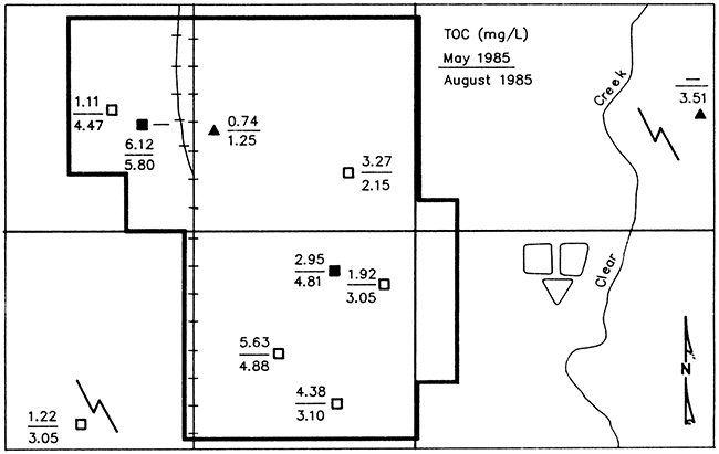 Map of Lincolnville showing total organic carbon (TOC) in ground water from monitoring wells and wells Ls and L22.