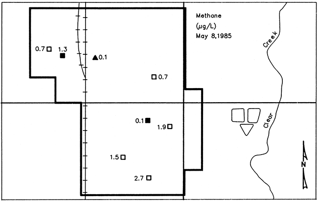 Map of Lincolnville showing concentrations of dissolved methane in ground water from monitoring wells and well L5.