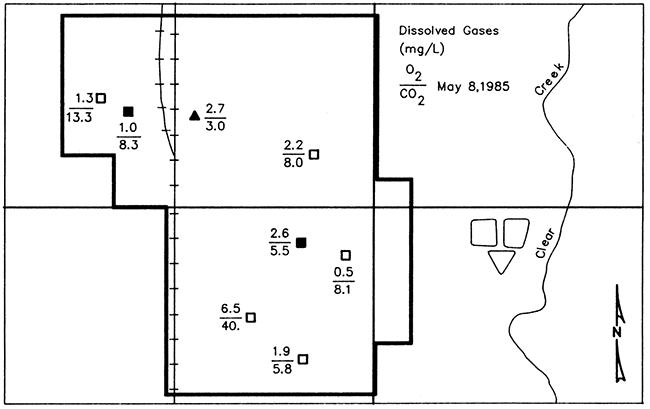 Map of Lincolnville showing concentrations of dissolved oxygen and carbon dioxide in ground water from monitoring wells and well L5.