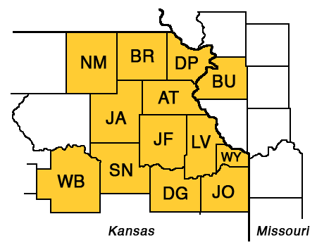 Counties in NE Kansas and NW Missouri that have data available.