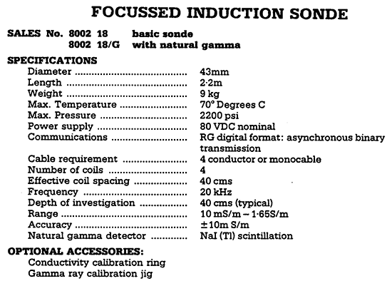 Specifications of Focussed Induction Sonde from sales info.