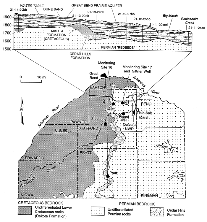 Location of test sites on a map of the bedrock beneath the Great Bend Prairie Aquifer, along with a cross section.