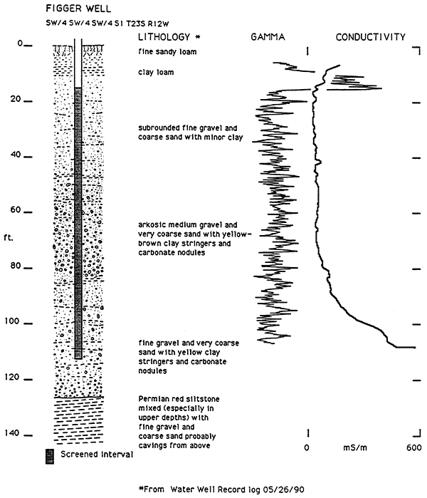 Lithologic, gamma ray, and conductivity logs for the Figger well.