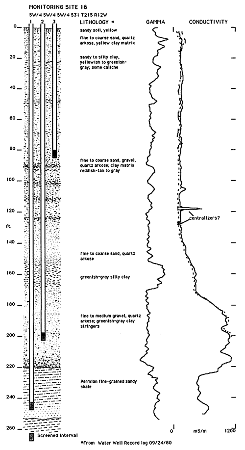 Lithologic, gamma ray, and conductivity logs for the Monitoring Site 16 wells.