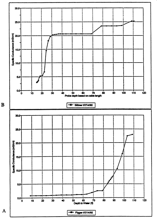 Borehole fluid conductivity profiles for the Figger (A) and Sittner (B) wells.