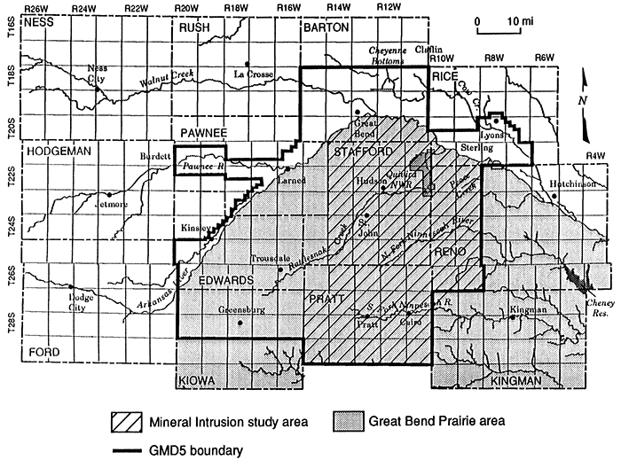 Map of the Big Bend Groundwater Management District (GMD5) showing the major features of the region and the area of primary interest to this study.