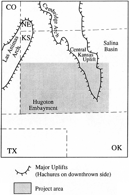 Study area is just east of Las Animas arch and southwest of Central Kansas uplift, which enters eastern part of the study area.