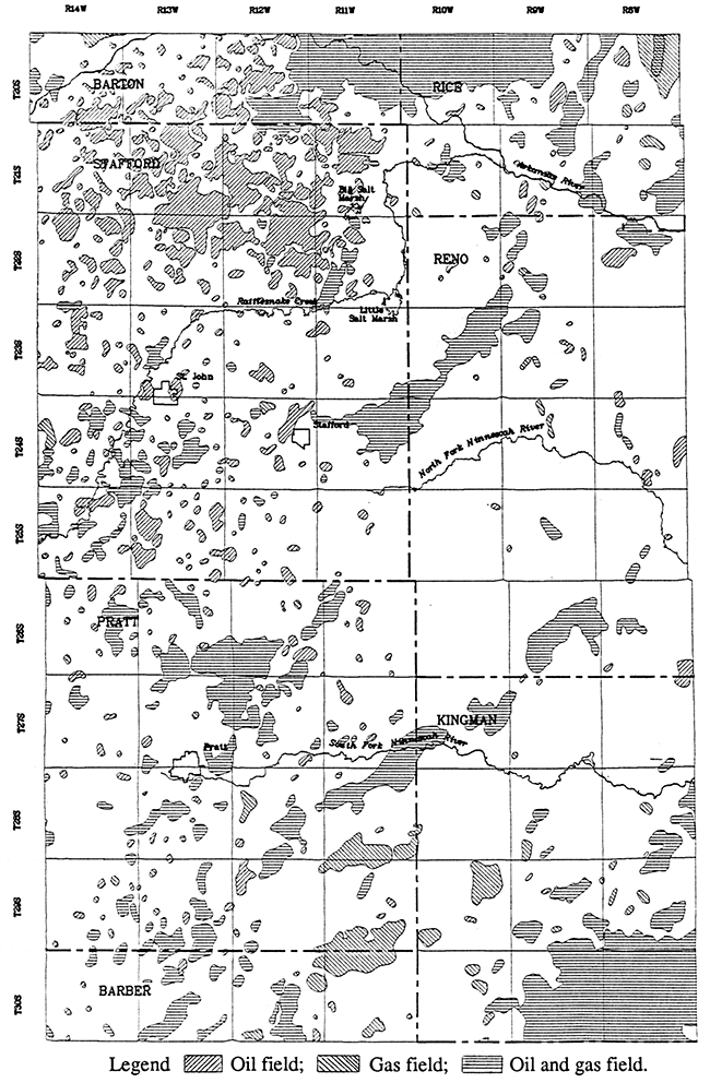 Oil and gas fields in the study area.